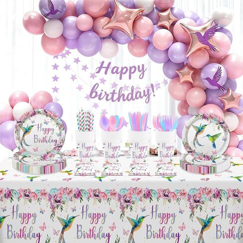 MEHOFOND Hummingbird Birthday Party Decorations, Bird Party Supplies, Spring Floral Watercolor Disposable Tableware Set 193Pcs Plates Napkins Plastic Tablecloth for Birthday Party in Saudi Arabia