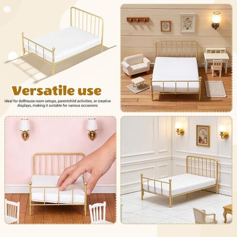 Totority Realistic Iron Frame Miniature Bed 1/12 Scale Dollhouse Bedding Comfortable Queen Size for Dollhouse Living Room Decor in Kuwait