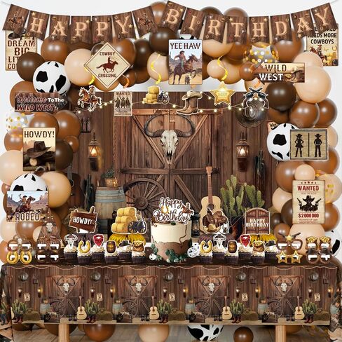 ديكورات الحفلات الغربية، 126 قطعة من لوازم ديكور حفلات عيد الميلاد من Wild West Cowboy Rodeo للأولاد - خلفية، لافتة، مفارش طاولة، قطع مركزية، نظارات ورقية، قبعة، ملصقات، لافتات جدارية in Kuwait