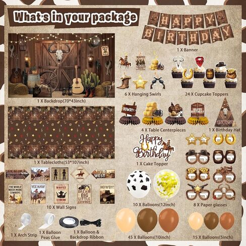 ديكورات الحفلات الغربية، 126 قطعة من لوازم ديكور حفلات عيد الميلاد من Wild West Cowboy Rodeo للأولاد - خلفية، لافتة، مفارش طاولة، قطع مركزية، نظارات ورقية، قبعة، ملصقات، لافتات جدارية in Kuwait
