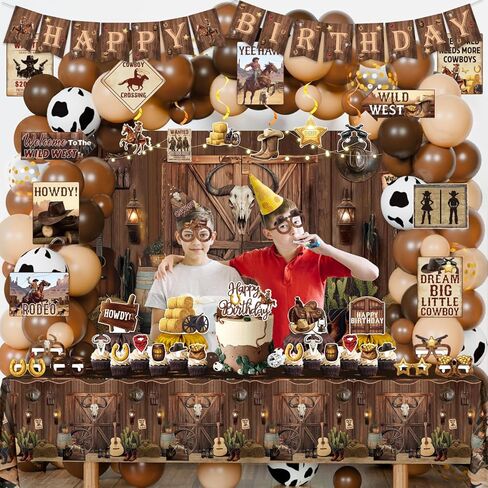 ديكورات الحفلات الغربية، 126 قطعة من لوازم ديكور حفلات عيد الميلاد من Wild West Cowboy Rodeo للأولاد - خلفية، لافتة، مفارش طاولة، قطع مركزية، نظارات ورقية، قبعة، ملصقات، لافتات جدارية in Kuwait