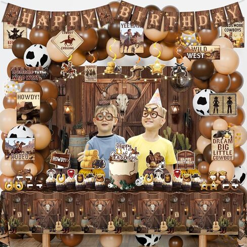ديكورات الحفلات الغربية، 126 قطعة من لوازم ديكور حفلات عيد الميلاد من Wild West Cowboy Rodeo للأولاد - خلفية، لافتة، مفارش طاولة، قطع مركزية، نظارات ورقية، قبعة، ملصقات، لافتات جدارية in Kuwait