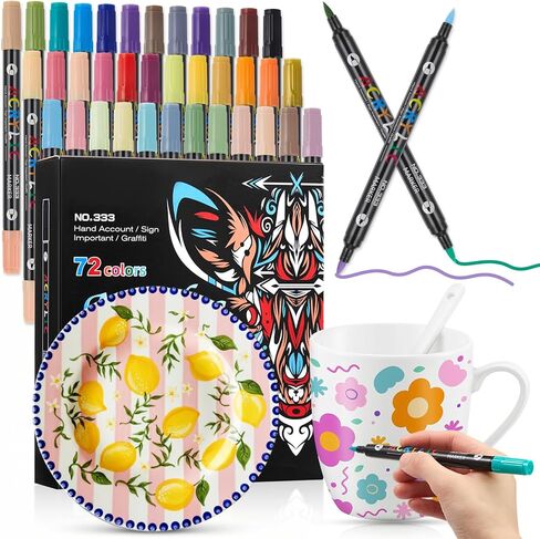 48 Colors Porcelain Paint Pens Set, 24 Pack 1-5mm Dual Tip Ceramic Paint Pens for Painting on Mugs, Glass, Rock, Tile, Wood - Works on Glazed & Unglazed Surfaces in Saudi Arabia