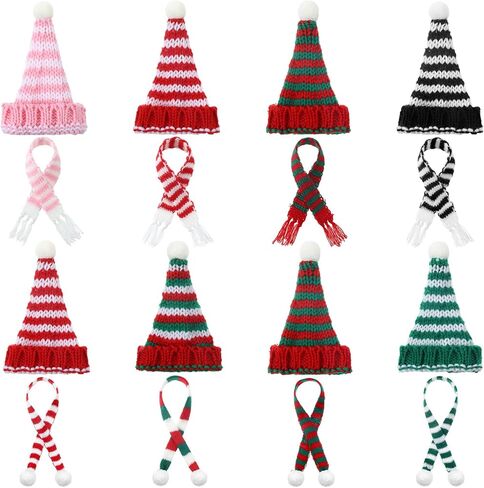 Geyoga 16 Pcs Mini Knit Doll Hat Valentines Day Small Santa Hat for Craft Winter Mini Snowman Hats and Scarf Tree Ornaments Snow Stripe Heart Wine Bottle DIY Decor Gifts in Saudi Arabia