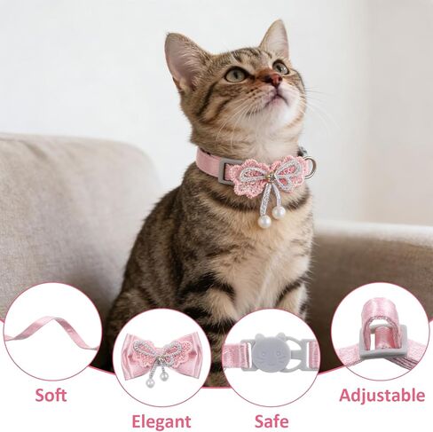 4 Pcs Cute Cat Collar Breakaway with Bow and Pearl Adjustable Pink Cat Collars for Girl Cats Adorable Kitten Collar Girl Cats Bows & Accessories in Saudi Arabia