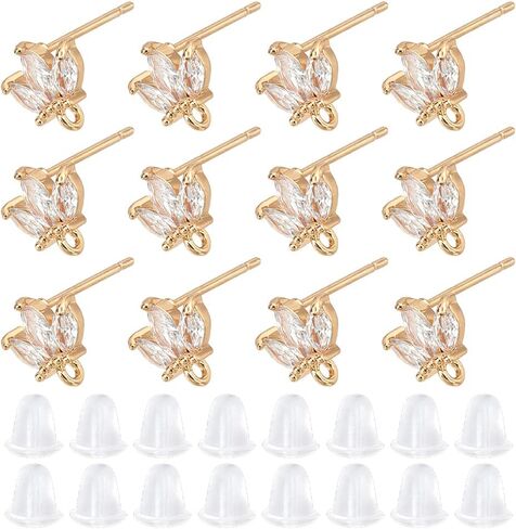 DICOSMETIC 12Pcs Flower Earrings Findings 18K Gold Plated Cubic Zirconia Stud With Loops, Rhinestone Posts, Brass Studs With Ear Nuts for DIY Jewelry Making, Pin: 0.8mm in Saudi Arabia