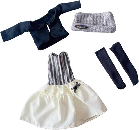 Striped Dress Outfit with Knit Cat Ear Hat – 30cm 1/6 YoSD BJD Clothes Set, Black Base Shirt & Knee Socks, Doll Not Included in Saudi Arabia
