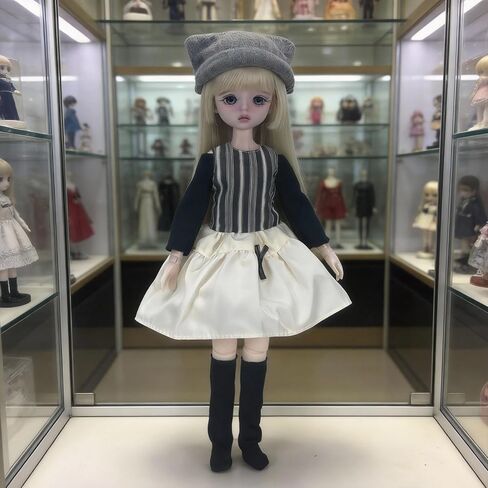 Striped Dress Outfit with Knit Cat Ear Hat – 30cm 1/6 YoSD BJD Clothes Set, Black Base Shirt & Knee Socks, Doll Not Included in Saudi Arabia