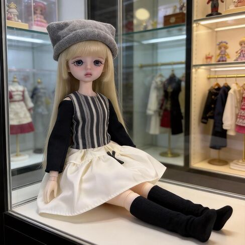 Striped Dress Outfit with Knit Cat Ear Hat – 30cm 1/6 YoSD BJD Clothes Set, Black Base Shirt & Knee Socks, Doll Not Included in Saudi Arabia