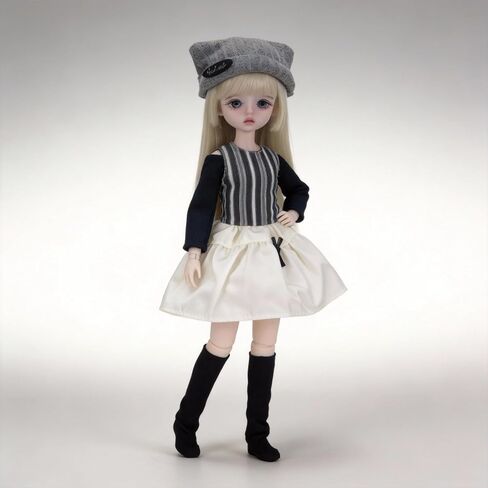 Striped Dress Outfit with Knit Cat Ear Hat – 30cm 1/6 YoSD BJD Clothes Set, Black Base Shirt & Knee Socks, Doll Not Included in Saudi Arabia