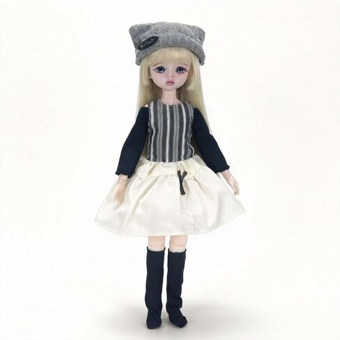 Striped Dress Outfit with Knit Cat Ear Hat – 30cm 1/6 YoSD BJD Clothes Set, Black Base Shirt & Knee Socks, Doll Not Included in Saudi Arabia