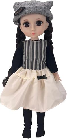 Striped Dress Outfit with Knit Cat Ear Hat – 30cm 1/6 YoSD BJD Clothes Set, Black Base Shirt & Knee Socks, Doll Not Included in Saudi Arabia