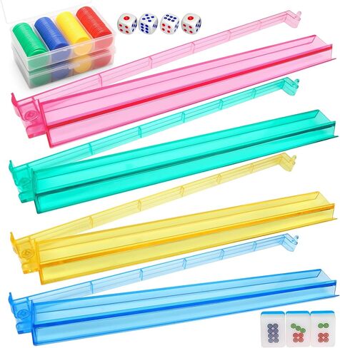 Coolrunner 4PCS Mahjong Racks with Pushers, Mahjong All-in-One Tile Rack & Pusher Acrylic American Majiang Tile Racks, Multi Color Acrylic Mahjong Racks with 2 Sets 4 Colors Bingo Chips and 4pcs dice in Saudi Arabia