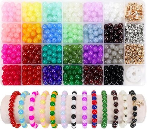 700pcs Glass Beads for Crafts– 24 Colors 8mm Crystal Glass Beads with Gold & Silver Spacer Beads and Elastic String for Bracelets, Necklace & DIY Crafts in Saudi Arabia