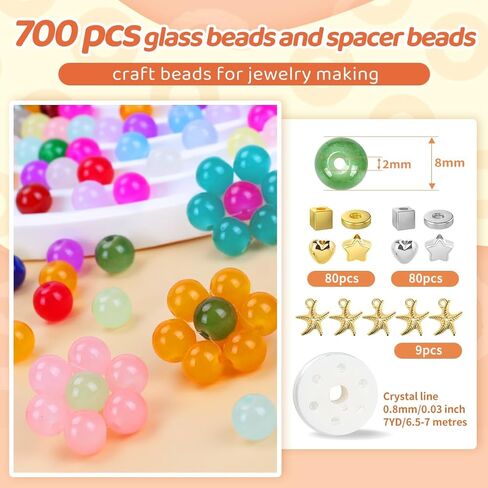 700pcs Glass Beads for Crafts– 24 Colors 8mm Crystal Glass Beads with Gold & Silver Spacer Beads and Elastic String for Bracelets, Necklace & DIY Crafts in Saudi Arabia