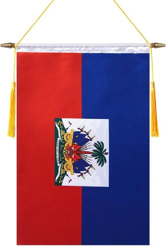 راية حائط هايتي مقاس 18 × 12 بوصة، عمود تعليق خشبي ولمسة نهائية مزدوجة من الساتان، علم هايتي معلق، لغرفة المنزل، والفصول المدرسية، والنادي والباب in Kuwait