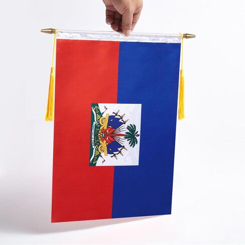 راية حائط هايتي مقاس 18 × 12 بوصة، عمود تعليق خشبي ولمسة نهائية مزدوجة من الساتان، علم هايتي معلق، لغرفة المنزل، والفصول المدرسية، والنادي والباب in Kuwait