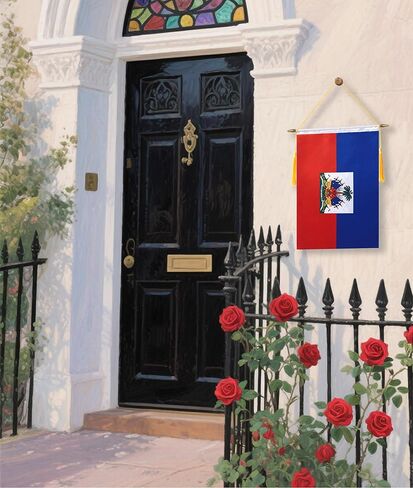 راية حائط هايتي مقاس 18 × 12 بوصة، عمود تعليق خشبي ولمسة نهائية مزدوجة من الساتان، علم هايتي معلق، لغرفة المنزل، والفصول المدرسية، والنادي والباب in Kuwait