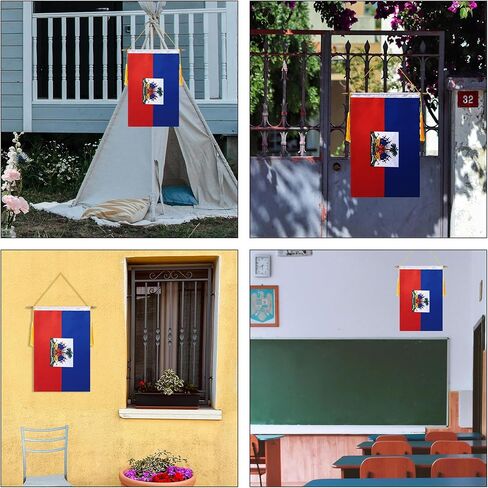 راية حائط هايتي مقاس 18 × 12 بوصة، عمود تعليق خشبي ولمسة نهائية مزدوجة من الساتان، علم هايتي معلق، لغرفة المنزل، والفصول المدرسية، والنادي والباب in Kuwait