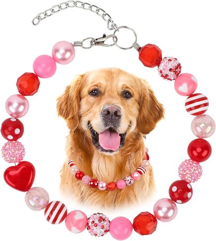 BWOGUE Valentine's Day Adjustable Bubblegum Dog Collar Necklace - Valentine’s Day Pet Collar Jewelry for Medium Large Dogs, Cute Sparkly Dogs Accessory for Birthday & Daily Wear (XL,17.5"-20.5") in Saudi Arabia