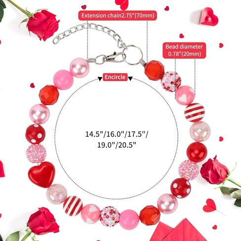 BWOGUE Valentine's Day Adjustable Bubblegum Dog Collar Necklace - Valentine’s Day Pet Collar Jewelry for Medium Large Dogs, Cute Sparkly Dogs Accessory for Birthday & Daily Wear (XL,17.5"-20.5") in Saudi Arabia