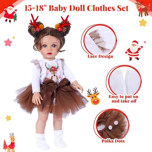مجموعة ملابس BABESIDE Christmas Baby Dolls للدمى مقاس 14-18 بوصة - زي العطلة مع قطعة واحدة وتنورة توتو وجوارب ومشابك شعر قرن الوعل، وإكسسوارات الدمية للأطفال (الدمية غير متضمنة) in Kuwait