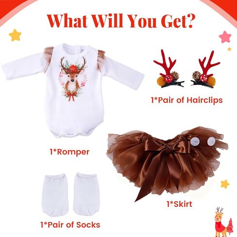 مجموعة ملابس BABESIDE Christmas Baby Dolls للدمى مقاس 14-18 بوصة - زي العطلة مع قطعة واحدة وتنورة توتو وجوارب ومشابك شعر قرن الوعل، وإكسسوارات الدمية للأطفال (الدمية غير متضمنة) in Kuwait