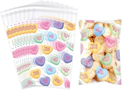 Yexiya 200 Pcs Valentine Candy Cookie Bags Clear Self Adhesive Cellophane Holiday Treat Bags Resealable 4 x 6 Inches Sealable Heart Print for Valentine Cookies Packaging Candy Products in Saudi Arabia