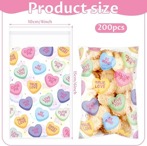 Yexiya 200 Pcs Valentine Candy Cookie Bags Clear Self Adhesive Cellophane Holiday Treat Bags Resealable 4 x 6 Inches Sealable Heart Print for Valentine Cookies Packaging Candy Products in Saudi Arabia