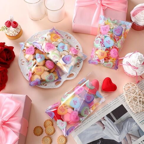 Yexiya 200 Pcs Valentine Candy Cookie Bags Clear Self Adhesive Cellophane Holiday Treat Bags Resealable 4 x 6 Inches Sealable Heart Print for Valentine Cookies Packaging Candy Products in Saudi Arabia