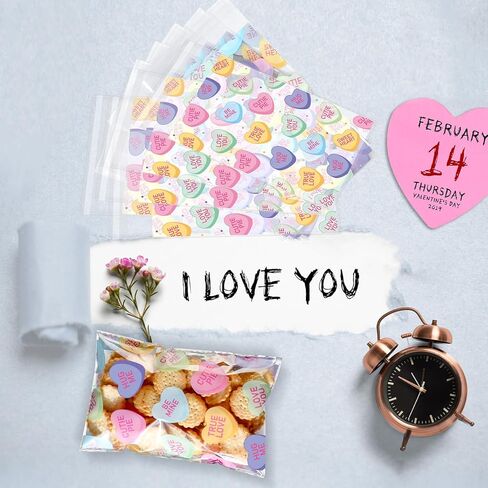 Yexiya 200 Pcs Valentine Candy Cookie Bags Clear Self Adhesive Cellophane Holiday Treat Bags Resealable 4 x 6 Inches Sealable Heart Print for Valentine Cookies Packaging Candy Products in Saudi Arabia