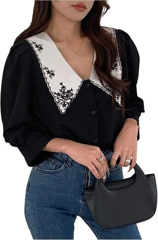OYOANGLE Women's Floral Embroidery Puff 3/4 Sleeve Button Up Doll Collar Blouse Dressy Cute Tops in Saudi Arabia