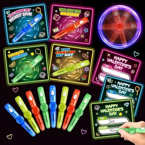 Valentines Day Cards for Kids School, 24 Pack Kids Valentine's Card with Light Up Spinner Fidget Toys, Valentine's Day Gifts for Classroom Exchange, Valentines Party Favors School Prize for Boys Girls in Saudi Arabia