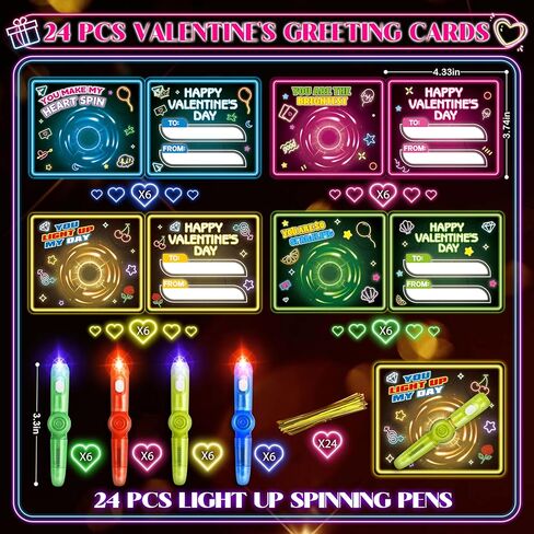 Valentines Day Cards for Kids School, 24 Pack Kids Valentine's Card with Light Up Spinner Fidget Toys, Valentine's Day Gifts for Classroom Exchange, Valentines Party Favors School Prize for Boys Girls in Saudi Arabia