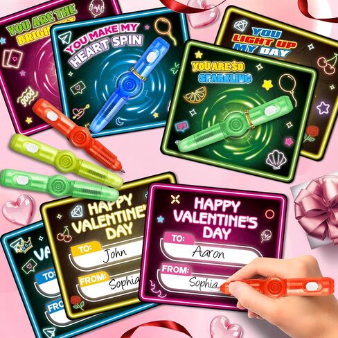 Valentines Day Cards for Kids School, 24 Pack Kids Valentine's Card with Light Up Spinner Fidget Toys, Valentine's Day Gifts for Classroom Exchange, Valentines Party Favors School Prize for Boys Girls in Saudi Arabia