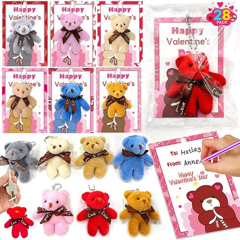 AMENON 28 Pack Valentine's Day Bear Plush Toys with Cards, Valentines Gifts for Kids Classroom School Mini Stuffed Animals Keychains Hangable , Exchange Party Favor Prizes Toddlers Boys Girls Goodie in Saudi Arabia