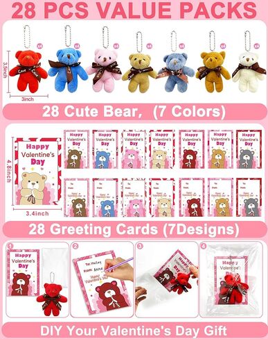 AMENON 28 Pack Valentine's Day Bear Plush Toys with Cards, Valentines Gifts for Kids Classroom School Mini Stuffed Animals Keychains Hangable , Exchange Party Favor Prizes Toddlers Boys Girls Goodie in Saudi Arabia