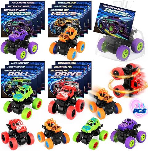 24 Pack Valentines Day Cards for Kids with Monster Truck Toys, Valentine's Cards for School Classroom Valentine's Day Gifts Exchange, Inertia Stunt Car Valentines Party Favors Prizes for Kids Boys in Saudi Arabia