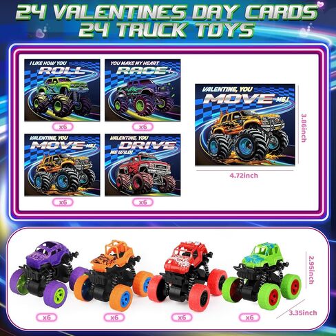 24 Pack Valentines Day Cards for Kids with Monster Truck Toys, Valentine's Cards for School Classroom Valentine's Day Gifts Exchange, Inertia Stunt Car Valentines Party Favors Prizes for Kids Boys in Saudi Arabia