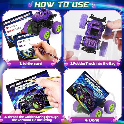 24 Pack Valentines Day Cards for Kids with Monster Truck Toys, Valentine's Cards for School Classroom Valentine's Day Gifts Exchange, Inertia Stunt Car Valentines Party Favors Prizes for Kids Boys in Saudi Arabia