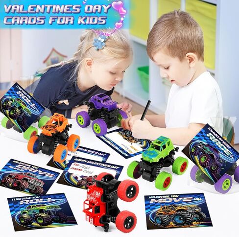 24 Pack Valentines Day Cards for Kids with Monster Truck Toys, Valentine's Cards for School Classroom Valentine's Day Gifts Exchange, Inertia Stunt Car Valentines Party Favors Prizes for Kids Boys in Saudi Arabia