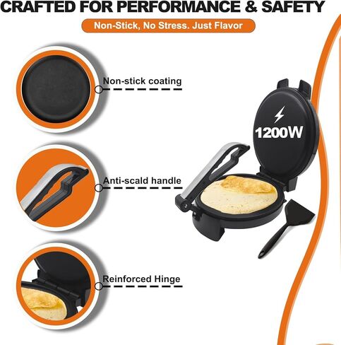 10" 1200W Electric Tortilla Press & Chapati Maker - for Roti, Crepes, Grilling | Includes Warming Bag & Spatula (Black) in Kuwait