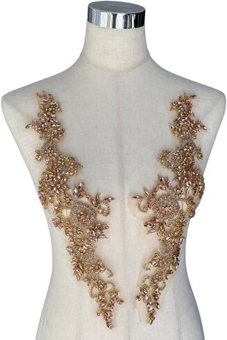 2PCS Gold Rhinestones Beaded Shiny Applique patchs,Big Size Flowers Easy Cut to Smaller Pieces Applique for Clothing,Wedding Dress,Prom Dress and Other DIY Decoration in Saudi Arabia