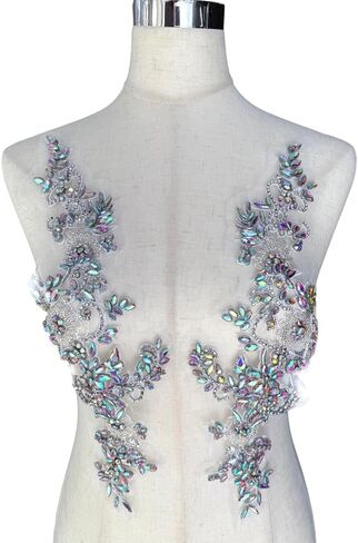 2PCS Gold Rhinestones Beaded Shiny Applique patchs,Big Size Flowers Easy Cut to Smaller Pieces Applique for Clothing,Wedding Dress,Prom Dress and Other DIY Decoration in Saudi Arabia
