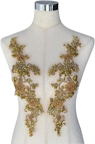 2PCS Gold Rhinestones Beaded Shiny Applique patchs,Big Size Flowers Easy Cut to Smaller Pieces Applique for Clothing,Wedding Dress,Prom Dress and Other DIY Decoration in Saudi Arabia