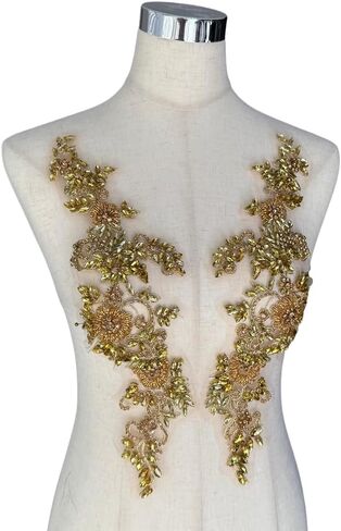 2PCS Gold Rhinestones Beaded Shiny Applique patchs,Big Size Flowers Easy Cut to Smaller Pieces Applique for Clothing,Wedding Dress,Prom Dress and Other DIY Decoration in Saudi Arabia
