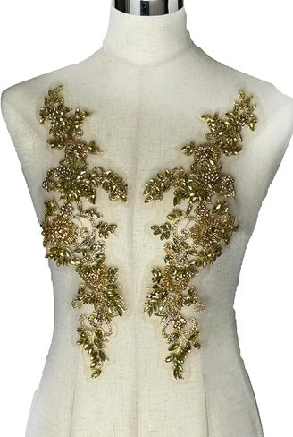 2PCS Gold Rhinestones Beaded Shiny Applique patchs,Big Size Flowers Easy Cut to Smaller Pieces Applique for Clothing,Wedding Dress,Prom Dress and Other DIY Decoration in Saudi Arabia