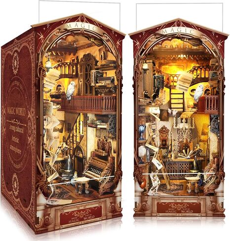 BELEEV Book Nook Kit، مجموعة بيت الدمى المصغرة DIY، لغز خشبي ثلاثي الأبعاد للبالغين والمراهقين، حرفة ديكور رف الكتب مع ضوء LED، هدايا للنساء المراهقات ومحبي الألغاز - العالم السحري in Kuwait