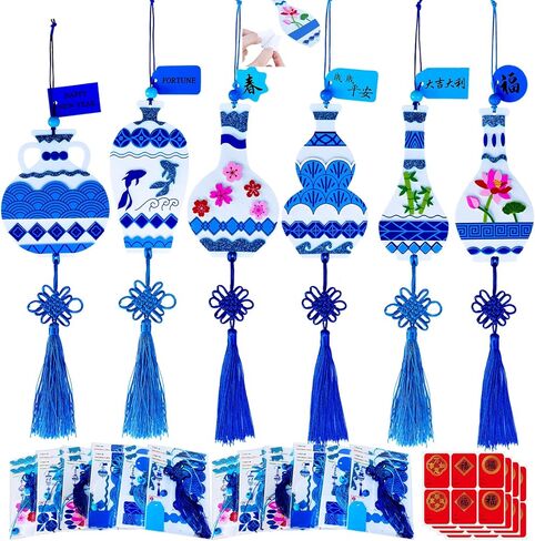 Winlyn 24 مجموعة من زخارف السنة الصينية الجديدة DIY Ming Vase الحلي الحرفية مجموعات المزهريات الرغوية الفارغة مع ملصقات صينية زرقاء وبيضاء للأطفال وأنشطة الفصول الدراسية الآسيوية هدايا الحفلات وتبادل الهدايا in Kuwait