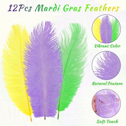 CCINEE 12Pcs Mardi Gras Feathers Stems, Artificial Purple Green Yellow Feathers Picks for DIY Masquerade Party Costume Tables Centerpieces Vase Clothing Accessories 10-12Inch in Saudi Arabia